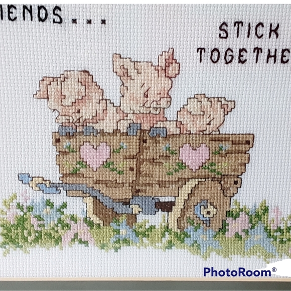 Framed Cross Stitch Three Little Pigs Wagon Garden Friends Stick Together - Picture 3 of 8